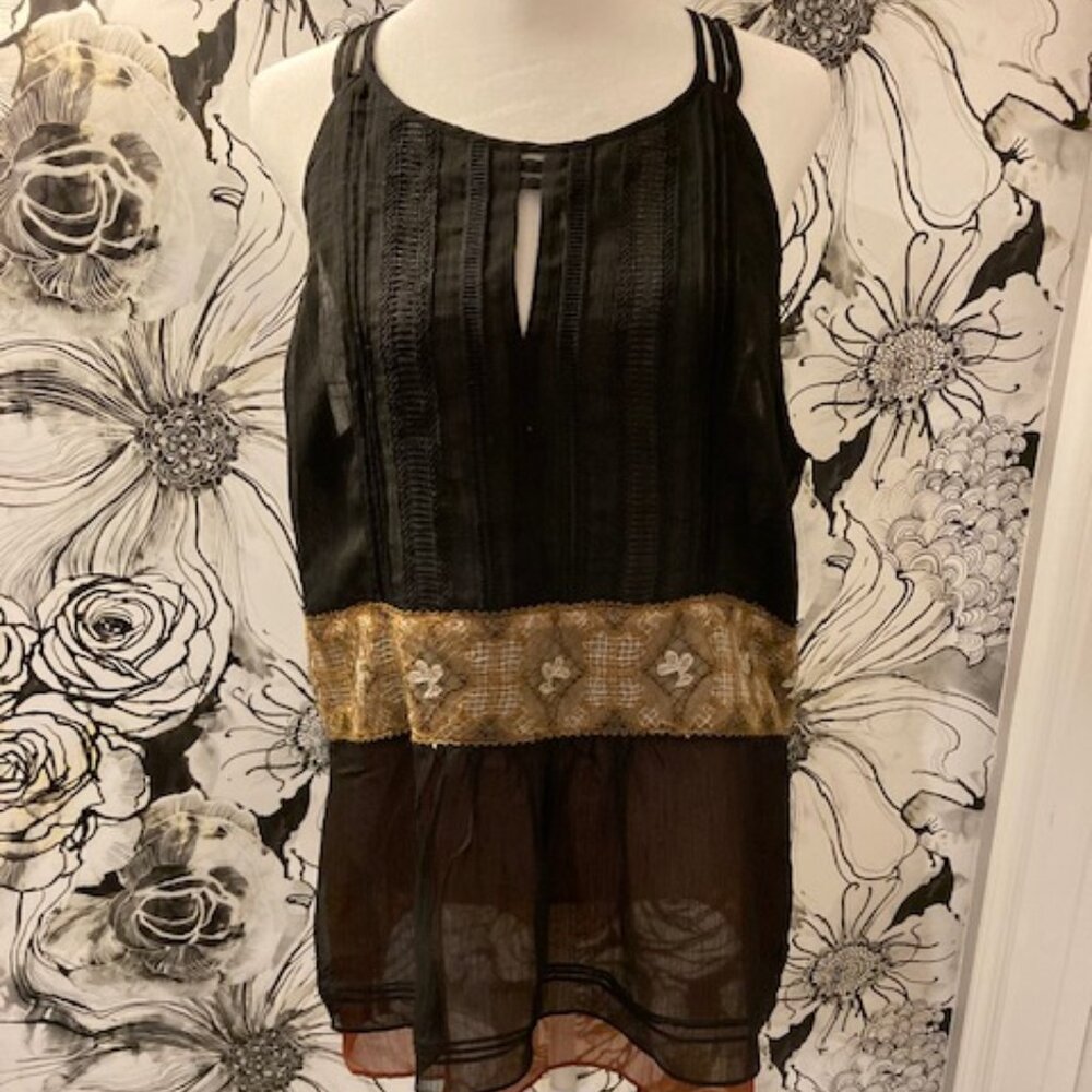 WHITE HOUSE BLACK MARKET Women's Blouse Black Tan Lining Flowers Waist SIZE XL